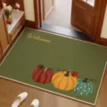 American faux linen anti-slip doormat with cute autumn pumpkin patterns and welcome text. - Pumpkin Green