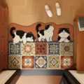 Zerbino Ingresso Gatto Carino Antiscivolo Tappeto Pavimento Motivo Piastrelle Vintage - Gatto e Mattone