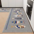 Kitchen floor mats set of 2, gray runner and mat with cute colorful geometric fish patterns. - 40*60cm (Linen) / Light Blue Fish