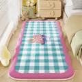 Plush bedroom bedside rug with blue white grid and pink scalloped edge, cute cartoon bear design. - Back Donut