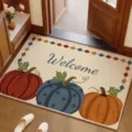 Autumn pumpkin welcome doormat, imitation linen non-slip floor mat for home entryway and foyer decor. - Three Pumpkins Blossom