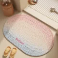 Oval gradient bath mat absorbent soft diatom mud floor mat with Bonjour print SKU - Light Gradient Pink