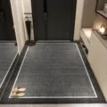 Grey loop pile doormat for home entryway, non-slip dust removal entrance rug with white border - Deep Silence Black Edge