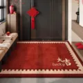 Red festive loop pile entryway floor mat anti-slip hallway indoor rug with lucky blessing text - Warm Tone Great Luck