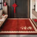 Red festive loop pile floor mat, entryway doormat with blessing text, durable and easy to clean. - Joyful Morning Light