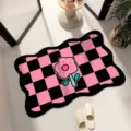 Pink and black checkerboard bath mat with cute flower pattern non-slip floor rug for home - 40*60cm / Black Pink Plaid Floral - Wave