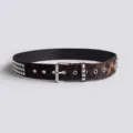 Detail view of leopard print belt with silver studs, metal buckle and eyelets close up. - Three-Row Rivet Style / 100cm Size / Coffee