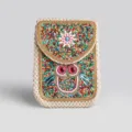 Detailed view of bohemian style straw crossbody phone bag adorned with colorful beaded owl pattern. - Straw Crossbody Bag No.15