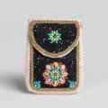 Bohemian style straw woven phone bag with colorful rice beads and turquoise floral design. - Straw Crossbody Bag No.3