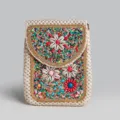 Boho woven crossbody phone bag with colorful beads and shell design for holiday travel. - Straw Crossbody Bag No.12
