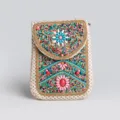 Bohemian beaded straw phone crossbody bag with vibrant colorful seed beads and turquoise floral design. - Straw Crossbody Bag No.17