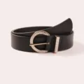 Schwarzer Damen Ledergürtel mit funkelnder runder Strass Schnalle, stilvolles Accessoire. - Halbkreis Ring Strass Gürtel