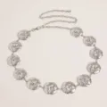 Silver metallic waist chain for women with intricate round woven discs and adjustable link. - Style A5 / Silver