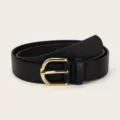 Detailed view of women's black PU leather belt featuring a sleek gold-tone pin buckle. - Gold Simple