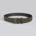 Punk Stil schwarzer Ledergürtel mit drei Reihen quadratischen Ösen und Vintage Metallschnalle. - Antik Bronze Drei-Reihen Quadratische Öse