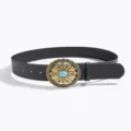 Vintage western style black leather belt with carved floral buckle and turquoise stone. - Oval Carved Buckle Style E