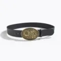 Closeup detail of the vintage western style black leather belt with brass floral buckle. - Oval Carved Buckle Style F