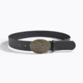 Western vintage engraved women's leather belt with ornate oval metal buckle in classic black. - Oval Carved Buckle Style J