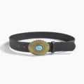 Detail view of a western style vintage black leather belt featuring an ornate bronze buckle. - Oval Carved Buckle Style K