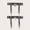 Detail shot of black PU leather leg garter ring with heart lock and metal clips, adjustable fit. - One Size / Black