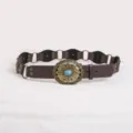Retro western style women's brown leather belt with carved buckle and turquoise stone. - 6-Segment Brown Belt Style E