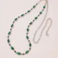 Elegant women's silver chain belt featuring sparkling green marquise rhinestones for chic style. - Green Rhinestone Belt E