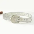 Sparkling rhinestone western belt for women, shiny silver bling leather belt with metal eyelets. - Silver