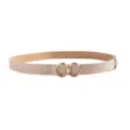 Dames PU leer riem detail close-up, beige minimalistische dubbele ring metalen gesp. - Khaki