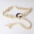 Boho handgemachte Muschel geflochtener Taillengürtel Holzring Schnalle Damen Urlaub - Beige
