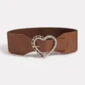 Women wide elastic waist belt with rhinestone heart buckle chic brown dress waistband fashion - Dark Brown