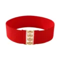Women red elastic wide belt fashionable waist cincher with stylish gold buckle for dress - Red