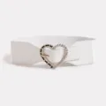 White elastic waist belt for women with rhinestone heart buckle and chic design - White