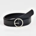 Damen schwarzer PU Ledergürtel mit runder gemusterter Metallschnalle vielseitiges Accessoire. - Schwarz