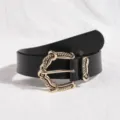 Damen Schwarzer Ledergürtel mit Gold gravierter Metallschnalle für elegante Stile - 100cm / Schwarz