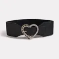 Women wide elastic waist belt with rhinestone heart buckle black fashion accessory - Black