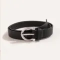 Classic women's black PU leather belt featuring a sleek silver horseshoe metal buckle. - Black