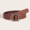 Women brown PU leather belt with antique silver snake ring buckle western style main - 100cm / Coffee