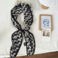 Chic black white houndstooth camellia print long scarf ribbon with magnetic buckle - 03#-Bird Camellia Houndstooth / One Size