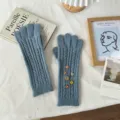 Detailed shot of vintage blue knit gloves with decorative buttons, warm and stylish winter accessory. - One Size / Full Finger Gloves / 08#-Blue Gray