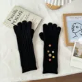 Black cable knit long gloves with vintage decorative buttons cozy winter thermal warm gear details - One Size / Full Finger Gloves / 07#-Black