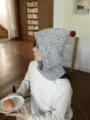 Grey knit balaclava for women, warm winter hooded scarf with cute red pom pom detail. - One Size / Gray White