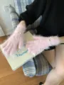 Pink fluffy touchscreen gloves detail view, soft plush split-finger winter warm gloves. - One Size / Pink