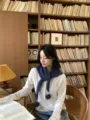 Cozy blue knitted triangular scarf featuring cute pom-poms and pearl accents for women. - Dark Blue