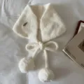 Korean style white knitted ear warmer with cute pom-pom ties, cozy autumn winter accessory. - White