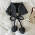Dark grey knitted pom-pom tie ear warmer winter cold-proof cute fluffy plush earmuffs cozy - Gray