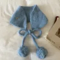 Korean style knitted pom-pom ear warmers winter cute bow tie soft plush earmuffs for women - Blue