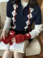 Red knitted fingerless flip-top gloves with long neck strap, cozy winter warmth for women. - One Size / Red