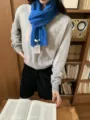 Women's thick warm blue cable knit wool scarf for winter retro fashion daily wear - One Size / Sapphire Blue