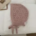 Pink knitted balaclava bonnet with cute ties, hollow out design, cozy winter warm hat style. - Pink