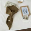 Korean style solid color hollow cross knitted small scarf for women autumn winter warm neckerchief - 85x12cm / Coffee
